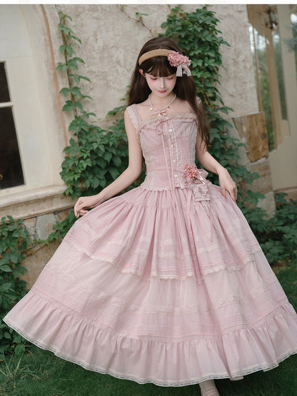 Pink Sleeveless Lace Top with Floral Belt and Skirt - Penny House