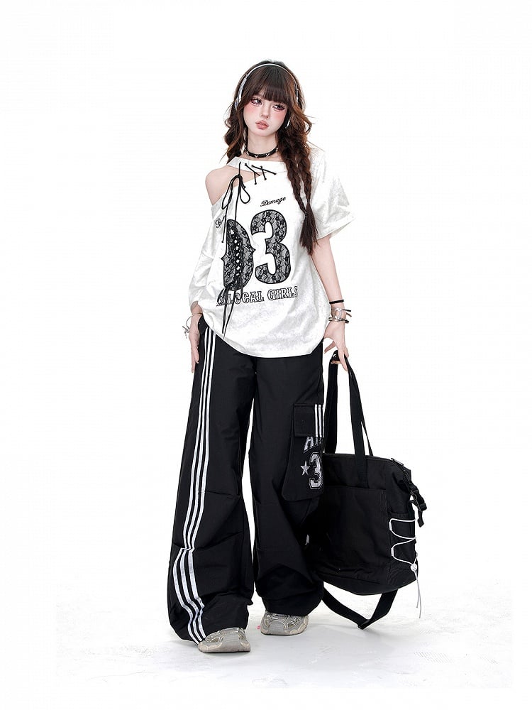 Black/White Cutout Shoulder Letter T-Shirt Lace-up Detail at Shoulder