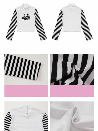 パンダプリントのブラックロングトップスと袖、ストライプ柄のホワイト