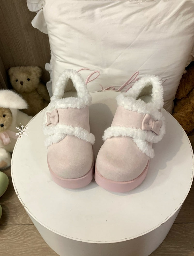 Bow Platform Lolita Accents Plush with Sweet Lining Shoes Pink