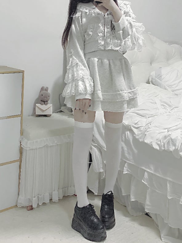 Collar Skirt Closure Sports Set- Sailor Trim Zip Hoodie+Lined Lace Ruffled Gray Jirai Kei