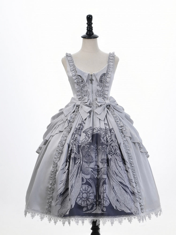 Lolita Bows Gray Detachable Waist with Dress Gothic Reaper at Print Grim Scale and