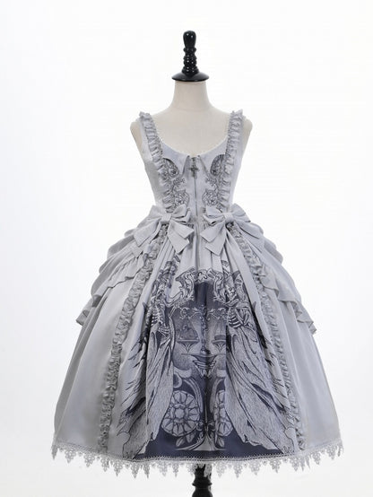 Lolita Bows Gray Detachable Waist with Dress Gothic Reaper at Print Grim Scale and