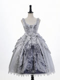 Gothic Gray Grim Reaper Scale Print Dress with Detachable Waist Bows