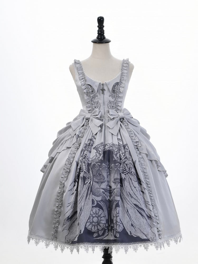 Gothic Gray Grim Reaper Scale Print Dress with Detachable Waist Bows