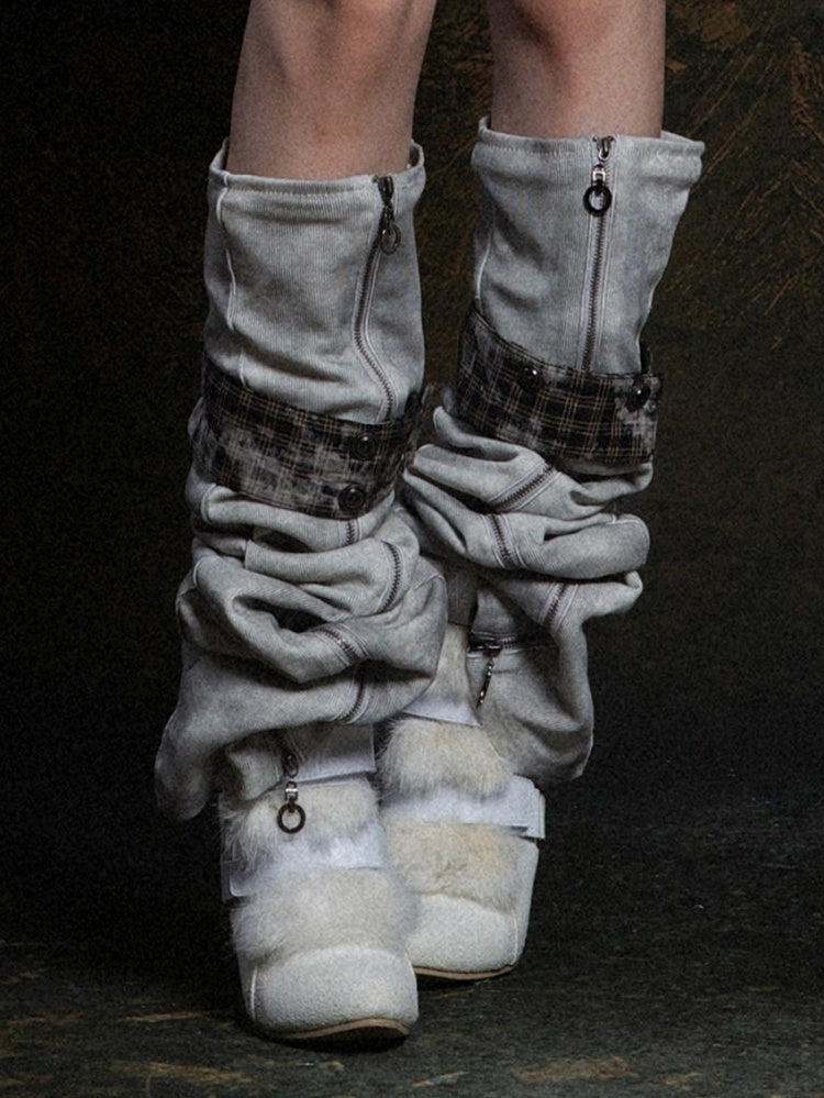 Leg Gray Black Vertical with Button Warmers Punk Plaid Zipper Strap