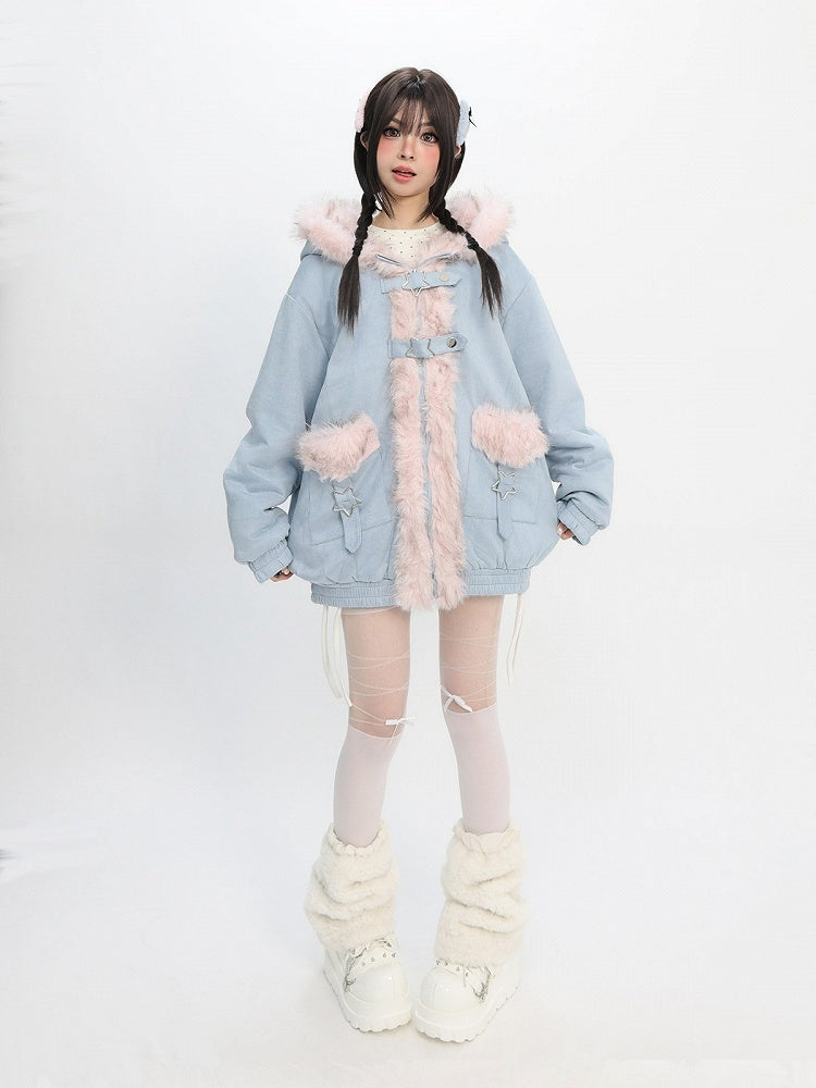 Women's Reversible Trim Fur Jacket Jirai Fashion Blue Cat Ears with Kei