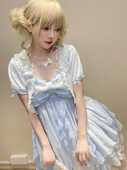 Blue Bow Cardigan with Lace Trim - Tan Tuan