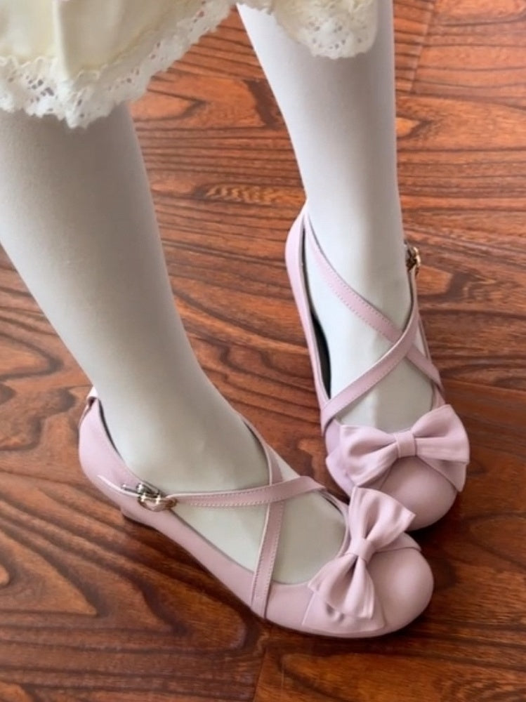 Bow with Elegant Shoes Pink Light Wedge Details Lolita Heart-shaped Snap