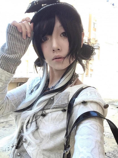 Y2K Hoodie White Two-Piece / Black Faux Knit Zip-Up