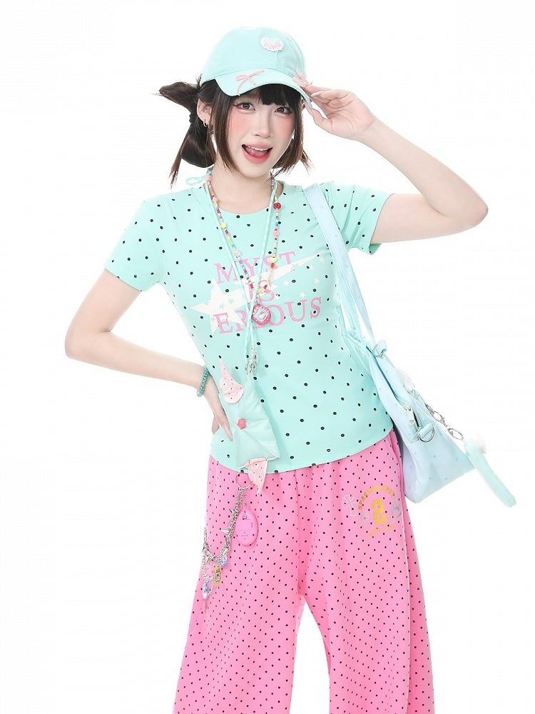 Light Green Fitted Tee with Polka Dot & Letter Print - Languid Park