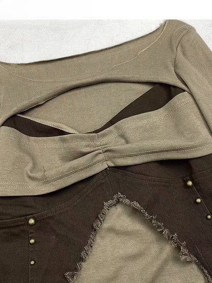 Vintage Brown V-Neck Cutout Detail Glamorous Slim-fitting Top
