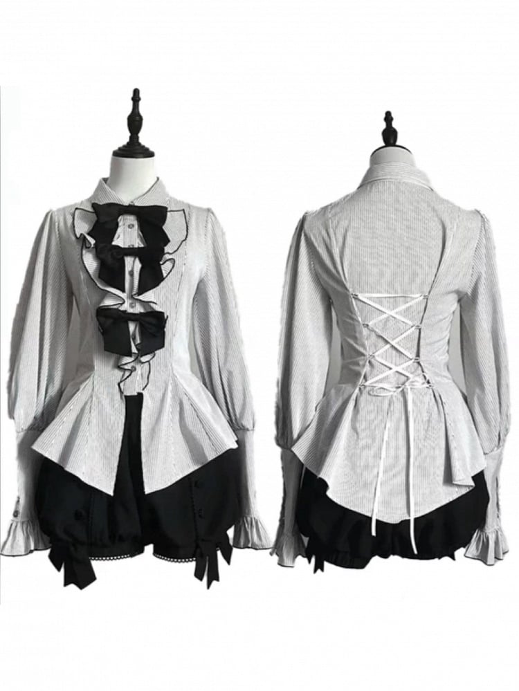 White Striped Long Sleeve Ouji Lolita Blouse with Bow Accents - Danger Girl