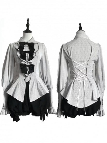 White Striped Long Sleeve Ouji Lolita Blouse with Bow Accents - Danger Girl