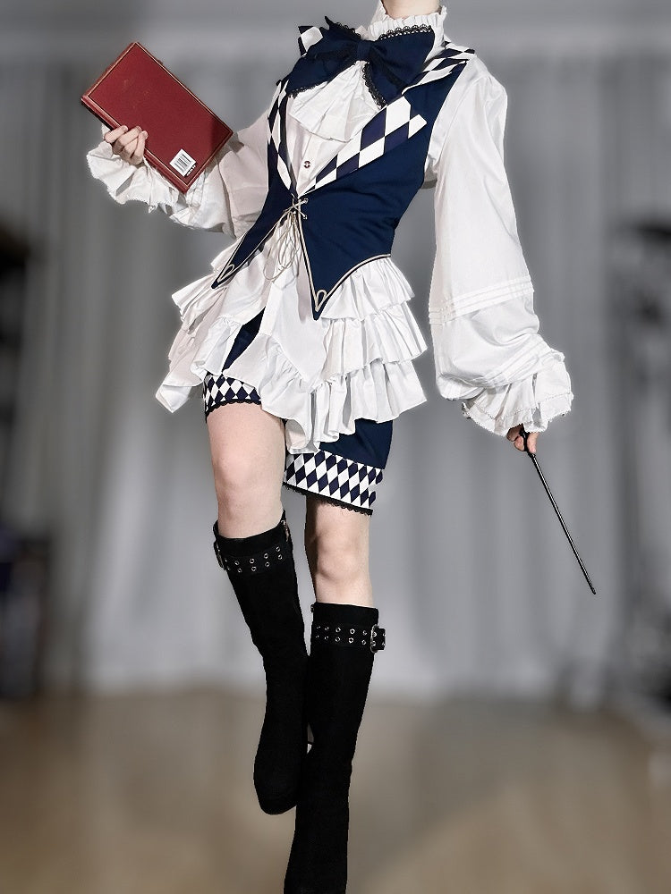 Blue Circus with Vibes Diamond Lolita Pattern Waistcoat Ouji Notched One-Shoulder Dark Collar Cape