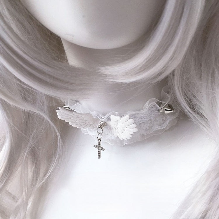 Studded Choker Wings White/Black Lace Cross Accents
