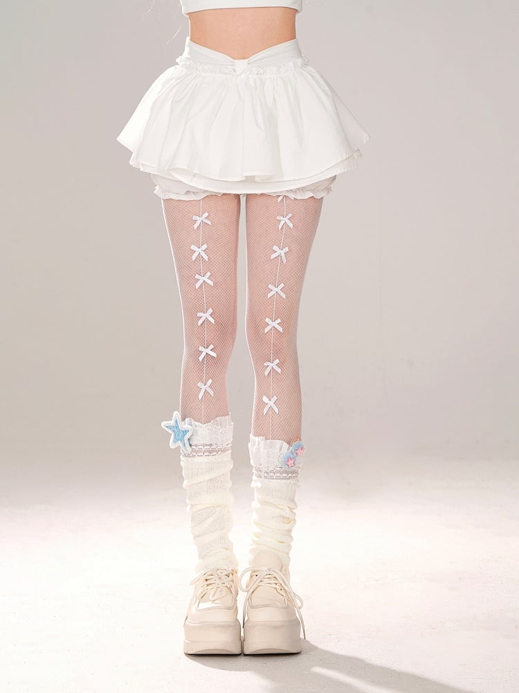 Built-in Tiered Skirt Bow White Bloomers with Waist