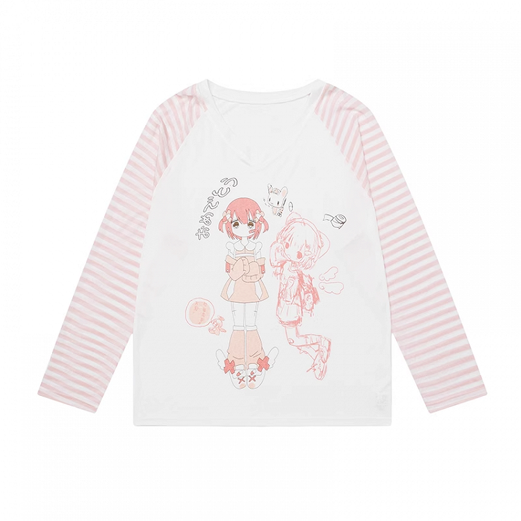 Sleeves V-Neck Cartoon Girl Print Semi-Sheer Coverup Striped Blue/Pink