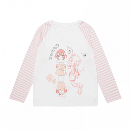 Sleeves V-Neck Cartoon Girl Print Semi-Sheer Coverup Striped Blue/Pink