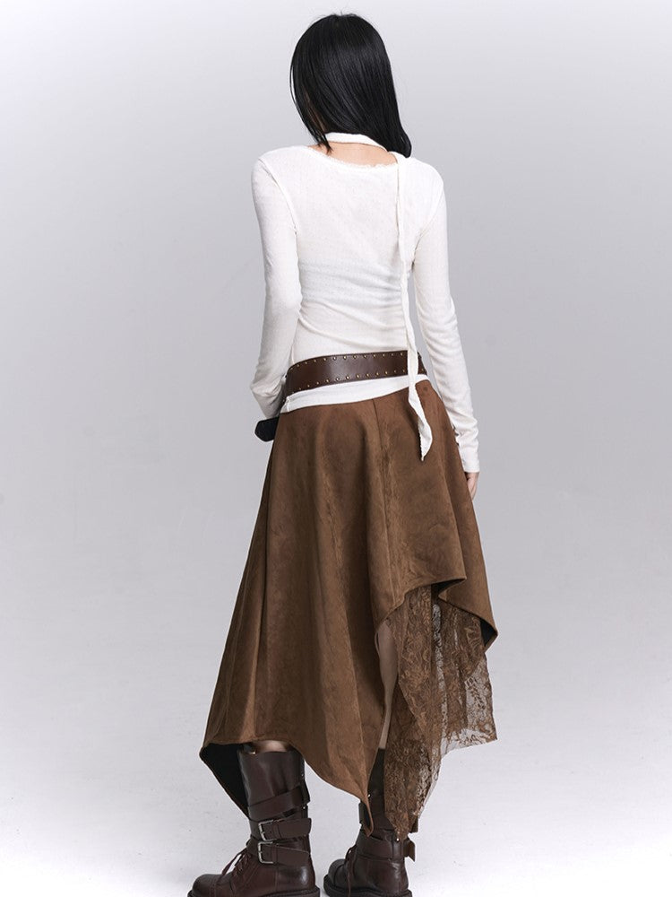 mit modischem Spitzentaschentuchsaum, Kaffeerockdetails, Wasteland Patchwork, Millard Wildleder