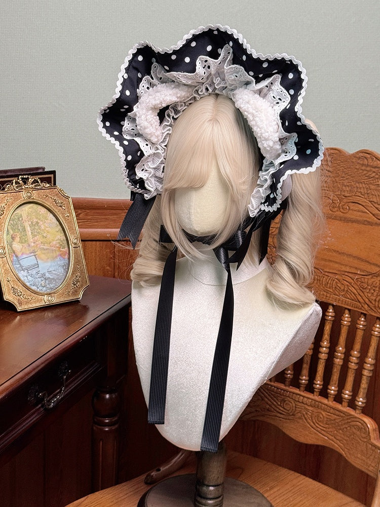 Pink Blue Red Dots Bonnet Polka Black / Bear Ears Lolita with