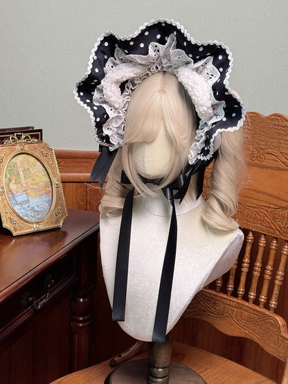 Pink Blue Red Dots Bonnet Polka Black / Bear Ears Lolita with