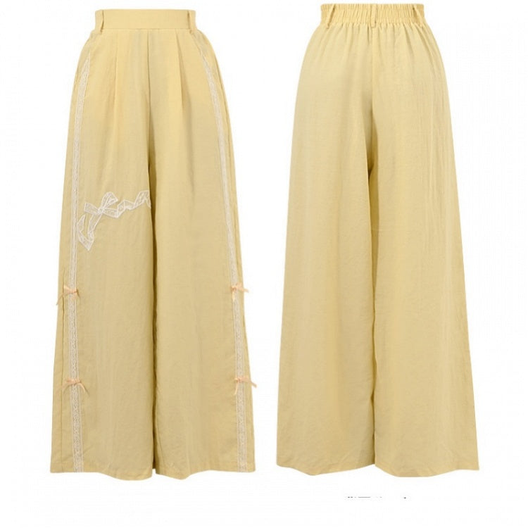 Gelbe Hose mit weitem Bein und Schleifenstickerei und hoher Taille