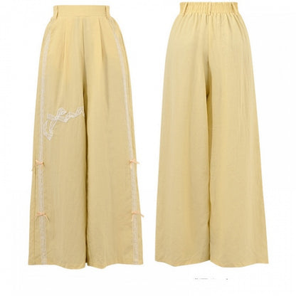 Yellow Regular/Short Version Wide-Leg Pants Bowknot Embroidery High Waist