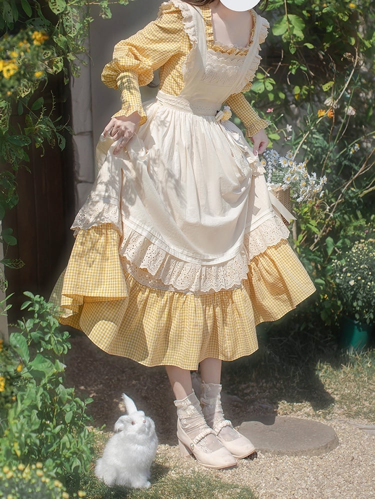 Gelbes Stück Süßes Lolita Taillenkleid Bischof Plaid Ärmel Hohe