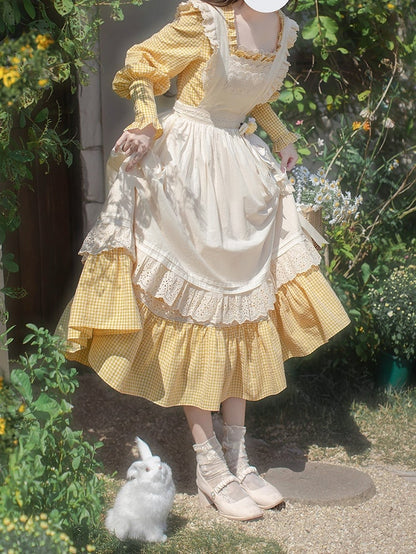 Gelbes Stück Süßes Lolita Taillenkleid Bischof Plaid Ärmel Hohe