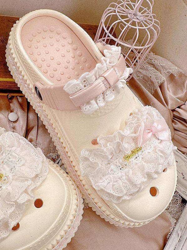 Details Bow Beige - Pink Clogs Sweet Lolita