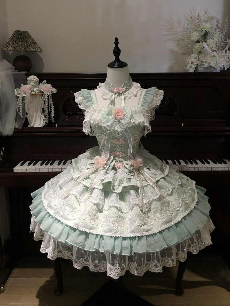 Frog Corset Chinoiserie Button Waist Layered Flower Bows Green Lolita with Dress