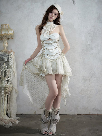 Victorian Punk Off-White Faux Two-Piece Asymmetric Tube Dress - NO ROMANCE