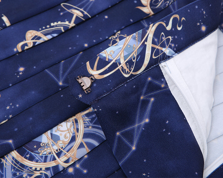 Navy Blue Celestial Globes Print JK Uniform Pleated Skirt