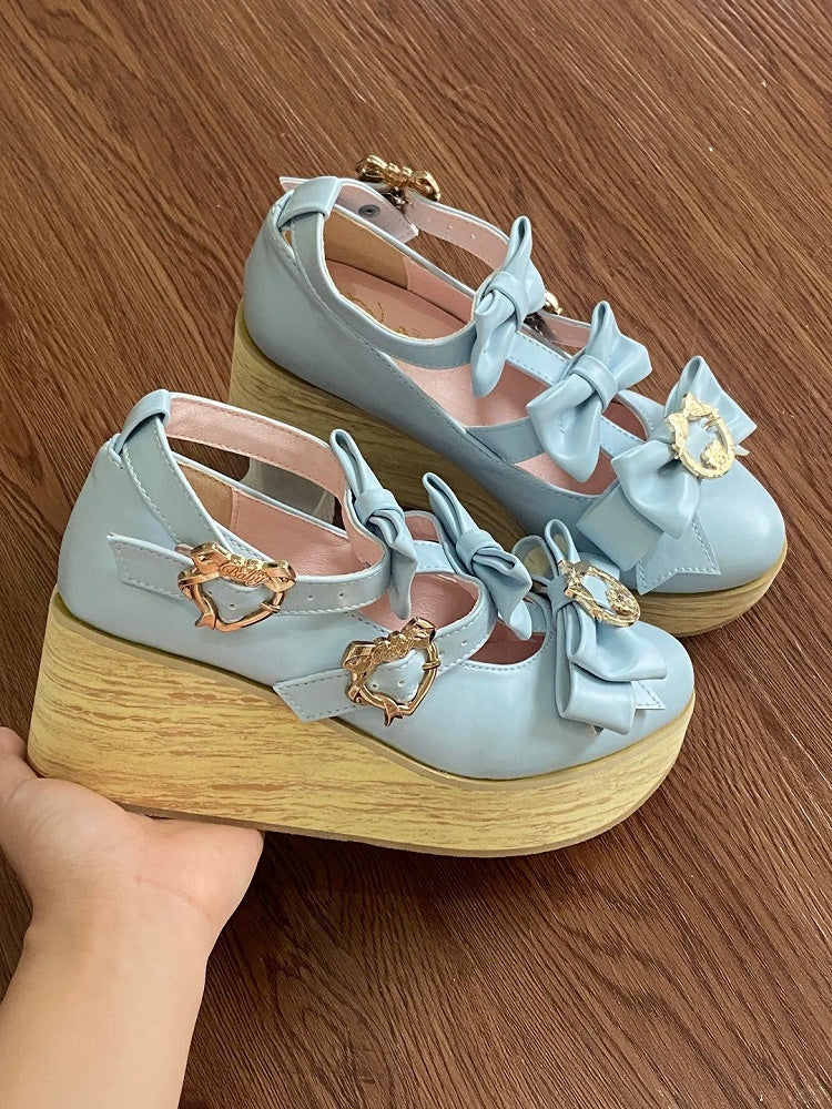 Light Heart-shaped Lolita 6cm Shoes with Snap Blue Hime Design Platform T-strap
