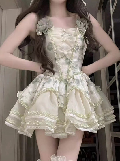 Layered Skirt Lace Green Trimmings Princess with Ruffles Floral-Print and Lolita Jumper