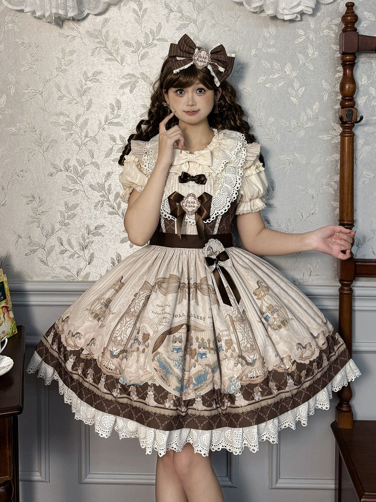 Sweet Print Lolita Jumper Skirt Brown Kitty Teddy and