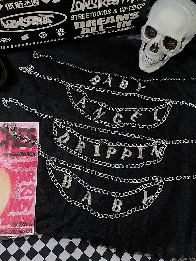 レターラインストーンデザインパンクウエストチェーン