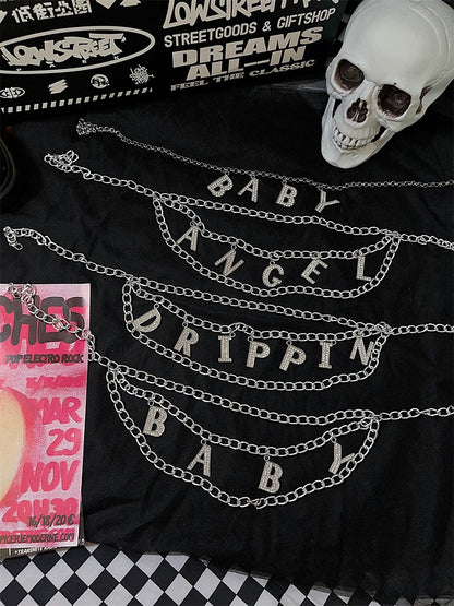 レターラインストーンデザインパンクウエストチェーン