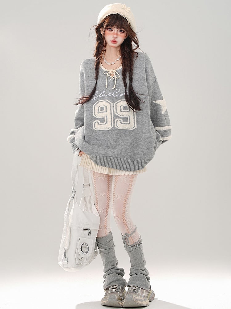 Rot/grauer Pullover mit V-Ausschnitt und Schnürdetail