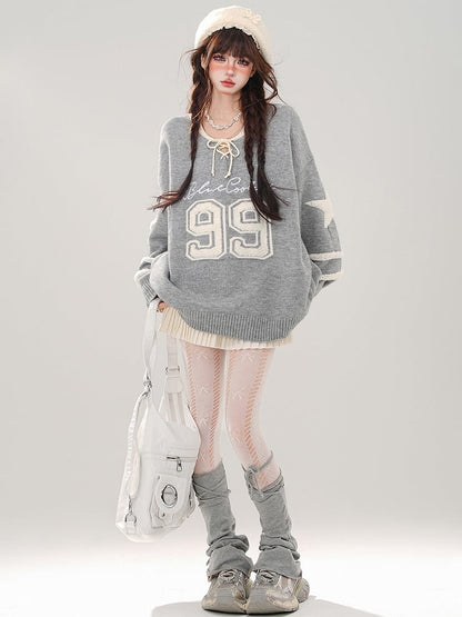 Rot/grauer Pullover mit V-Ausschnitt und Schnürdetail