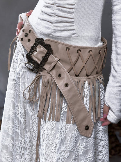 Fringes Lacing with Punk Waist Belt Vintage Crisscross Studded PU Khaki