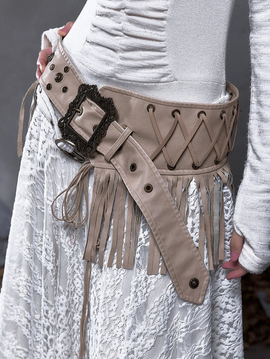 Fringes Lacing with Punk Waist Belt Vintage Crisscross Studded PU Khaki