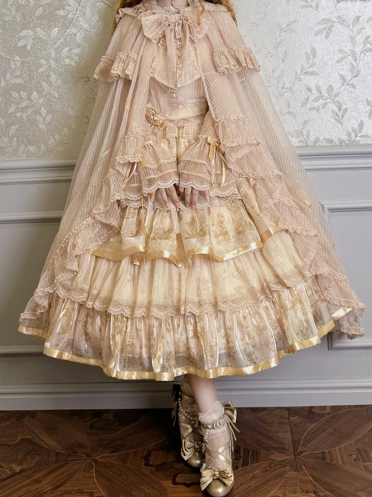 Cascading Trimming Cloak Ruffle Self-tie Neckline Champagne Bow Big