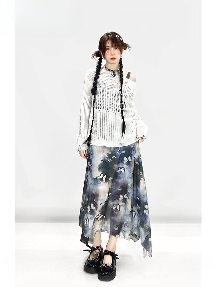 Y2K Vintage Blue Butterfly Print Oil Painting Slim-fitting Slip Dress