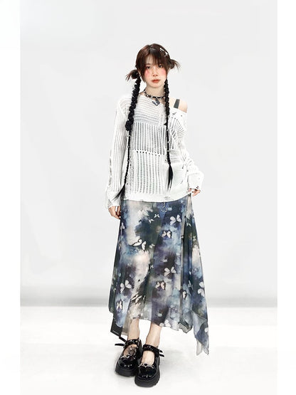 Y2K Vintage Blue Butterfly Print Oil Painting Slim-fitting Slip Dress