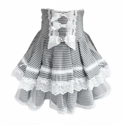 Tulle Small High-Waisted Black Skirt Bow White Jirai Kei with Gingham Lace Detail Double-Layer Rhinestone Decoration