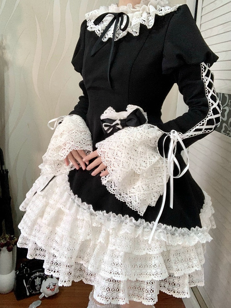 Black and White Ruff Collar Old School Lolita Long Sleeves Dress