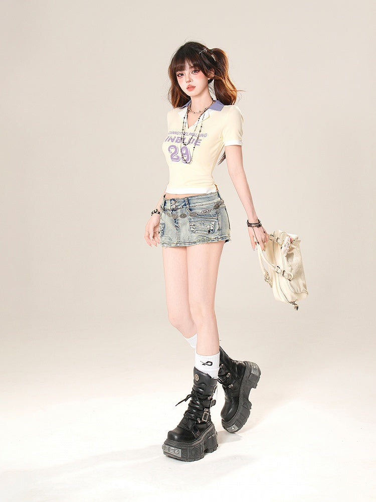 Bodycon Denim Skirt Blue Low Waist Faded Wash Distress Trim Mini