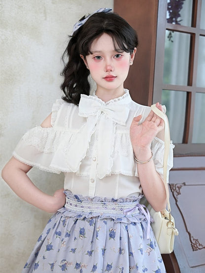 リボンホワイトオープンショルダービッグネックラインシフォンブラウス